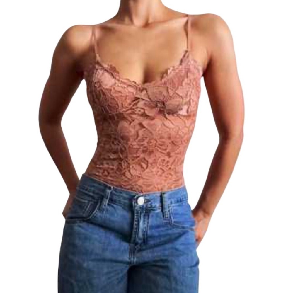 Zara Women Floral Lace Bodysuit Dusty Rose nude Scalloped V-Neck Size Med NWOT